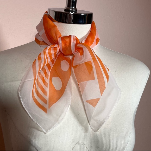 Vintage 60 70 Mod Geometric Orange White Semi Sheer Neck Scarf - Picture 6 of 17